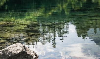 Reflection in the mountain lake of coniferous forest and mountain landscape, clear mountain lake as a mirror