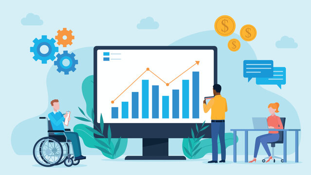 Business team working on data analytics. People, using laptop, tablet and man in wheelchair ist taking notes. Vector illustration for stock market, company grwoth, data, technology, solution, 