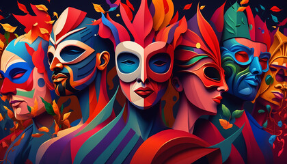 Fototapeta na wymiar illustration people in carnival elegant costume and venice mask multicolored .Generative AI