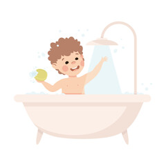 Naklejka premium Cute little boy taking shower in bathtub. Happy kid doing everyday hygiene activities cartoon vector illustration