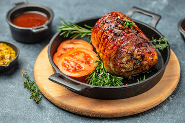 Roasted pork roll a dark background, banner, menu, recipe place for text, top view