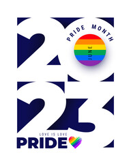 LGBT Pride Month 2023 numbers concept. Freedom rainbow. Gay parade annual summer event poster. LGBTQ love symbol background. Concept design. Vector illustration template.