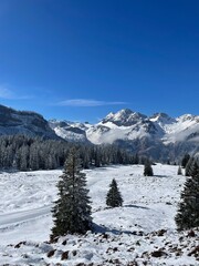 Fototapeta na wymiar Idylle in den Bergen mit Schnee im Winter bei schönem Wetter