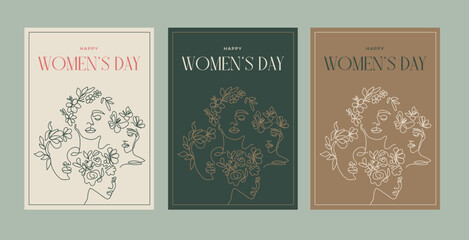 Happy International Women's Day card. Abstract woman face with flowers line drawing. Minimalist female portrait  boho style poster design. 8 march.