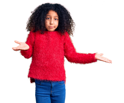 African american child with curly hair wearing casual winter sweater clueless and confused expression with arms and hands raised. doubt concept.