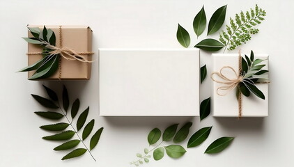 Craft gift boxes with green branches and leaves. Flat lay mock up. Ai generative
