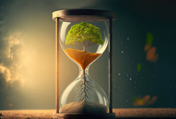 Time and Environment concept with hourglass and tree that protects from drought. Generative AI.
