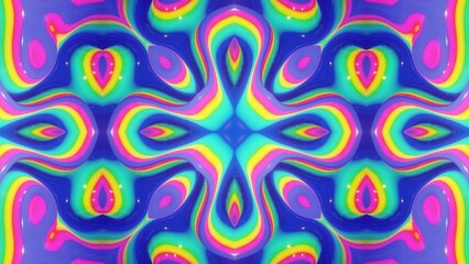 3d render. Abstract background simmetrical 3d liquid pattern with bright gradient color transition. Liquid kaleidoscope with viscous liquid waves and glitter on surface. Wavy rainbow pattern