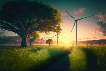 Fototapeta na wymiar Front view of wind turbines on the meadow: A wind farm concept at sunset. Generative AI.