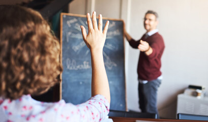 Fototapeta premium Dont be afraid to ask questions. Shot of an unrecognizable woman raising her hand to ask a question in a meeting.
