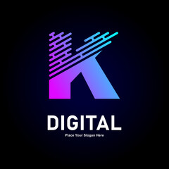 Digital line letter K logo vector template. Suitable for business, technology, gradient color type,  logo line style and initial name