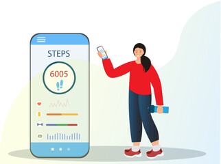 Woman using mobile app for counting steps and sport training, online fitness concept, healthcare concept, using a mobile application, flat vector illustration