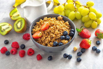 Plate with homemade granola and various fruits for cooking tasty and healthy breakfast on a light background