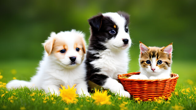 This adorable photo captures the playful interaction between cute kittens and puppies. The warm and fuzzy feeling this image evokes is sure to bring joy to any viewer