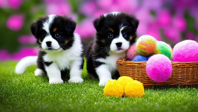 This adorable photo captures the playful interaction between cute kittens and puppies. The warm and fuzzy feeling this image evokes is sure to bring joy to any viewer