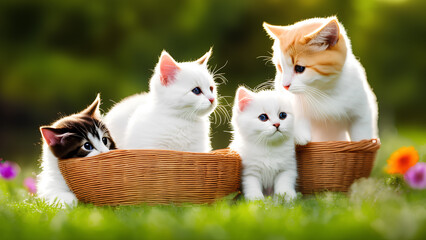 This adorable photo captures the playful interaction between cute kittens and puppies. The warm and fuzzy feeling this image evokes is sure to bring joy to any viewer