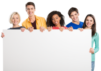 Group of diverse multiethnic happy young people posing with a blank white rectabgular sign with copyspace for your advertisement or text on a grey background