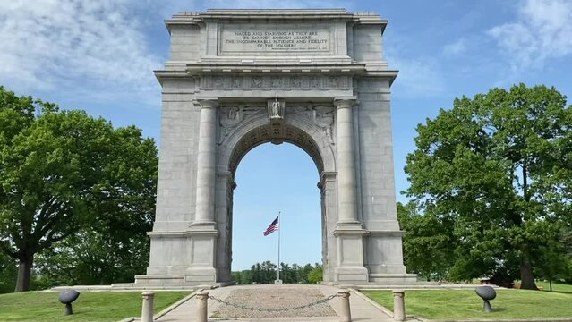 United States National Memorial Arch, located in Valley Forge National Historical Park, Pennsylvania. Monument celebrates arrival of George Washington's Continental Army.