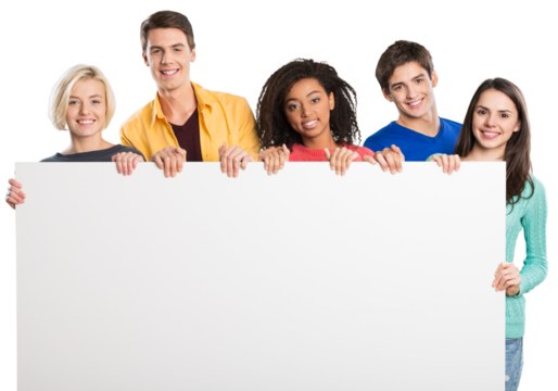 Group of diverse multiethnic happy young people posing with a blank white rectabgular sign with copyspace for your advertisement or text on a grey background