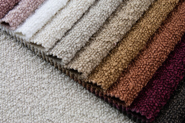 Bright collection of gunny textile samples. Multicolor Fabric texture background. Textiles for...