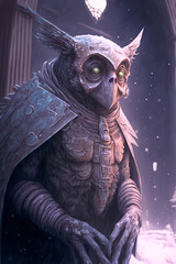 Owl Alien standing outside during the winter, dark cityscape - Generative AI