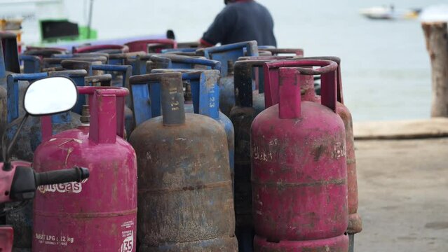 Rows of empty LPG Gas bottles are located at Tengkayu 2 Port, Tarakan, Indonesia