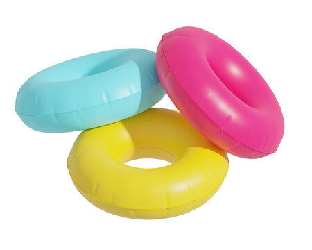 Inflatable swim tubes in isolated background, 3d rendering. Swimming rings in bright colours, concept of summer, holidays and sea vacation