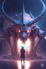 Aliens living on earth, dark cityscape, winter, snowing - Generative AI