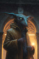 Alien living on earth, dark outside cityscape, anthro - Generative AI