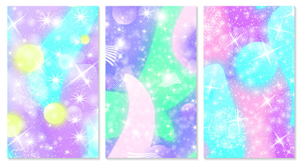 Fairy background. Unicorn pattern. Holographic magic stars.