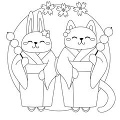 a rabbit and a cat in a kimono eats dango. japanese traditional sweets coloring page 