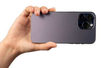 Rear view of purple smartphone with tripple camera