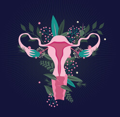 Vector illustration female reproductive system fantasy with flowers and botanical elements 