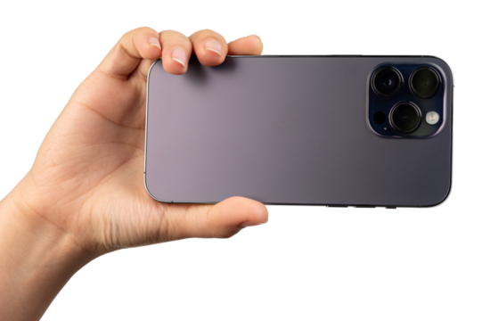 Rear view of purple smartphone with tripple camera