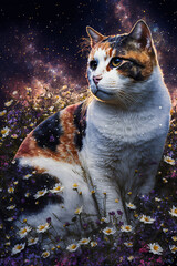 Calico Cat sitting in a field of flowers, night, galaxies - Generative AI