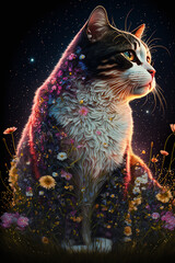 Calico Cat sitting in a field of flowers, night, galaxies - Generative AI