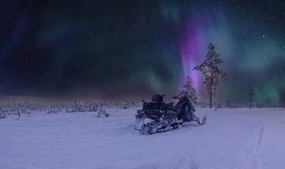 Fotobehang Scenic very frozen snowy young pine tree forest under Aurora skies, snowmobile and Northern Lights. Winter landscape In Northern Sweden, Vasterbotten, Umea. © Alexandre Patchine