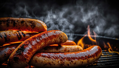Tasty grilled bbq sausages close up shot. Generative Ai - 576469104