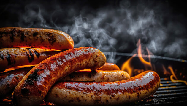 Tasty grilled bbq sausages close up shot. Generative Ai