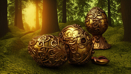 Creative concept applied art surrealistic easter eggs in alpine forest as steampunk style. AI generative AI.