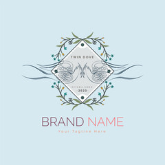 Twin Dove bird nest outline luxury monogram beauty logo template design for brand or company