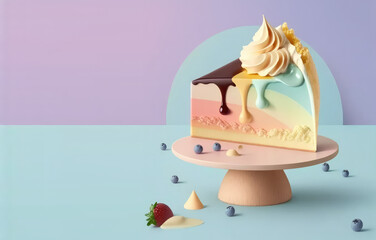 A slice of classic New York cheesecake on a podium. Close-up view. Tasty cheesecake decorated with rainbow icing on pastel table background. 3d render illustration. Generative AI art. - obrazy, fototapety, plakaty