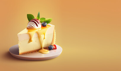 A slice of classic New York cheesecake on a plate. Close-up view. Tasty cheesecake decorated with cream, leaves and ice cream ball, pastel table background. 3d render illustration. Generative AI art. - obrazy, fototapety, plakaty