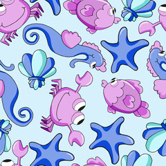 Cute underwater animals and seashells on a light blue background. Childish seamless pattern. Cartoon vector illustration for textile, print, wallpaper.