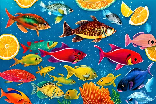 Watercolor Illustration of aquatic underwater colorful tropical fish set. Red sea and exotic fishes inside. Generative AI