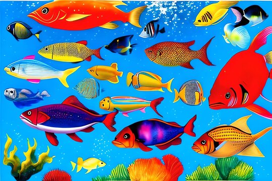 Watercolor Illustration of aquatic underwater colorful tropical fish set. Red sea and exotic fishes inside. Generative AI