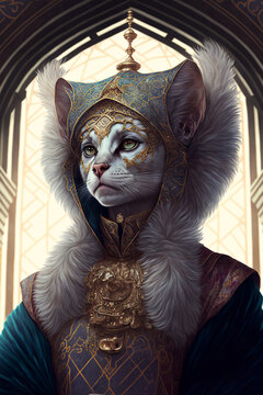 Fantasy Cat, Portrait, Inside of a Castle, Decorative- Generative AI