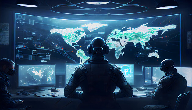 Hacker in from of huge pulpit with world map, cyber war, Generative AI