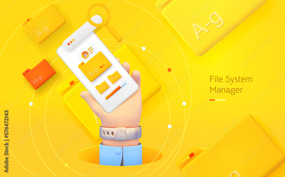 Wall mural search and classification of data. the hand is holding the phone. mobile application for data analys