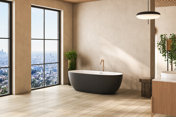 Beige bathroom interior with double sink and mirror, carpet on hardwood floor, black bathtub, plants. Bathing accessories and window in hotel studio. 3D rendering